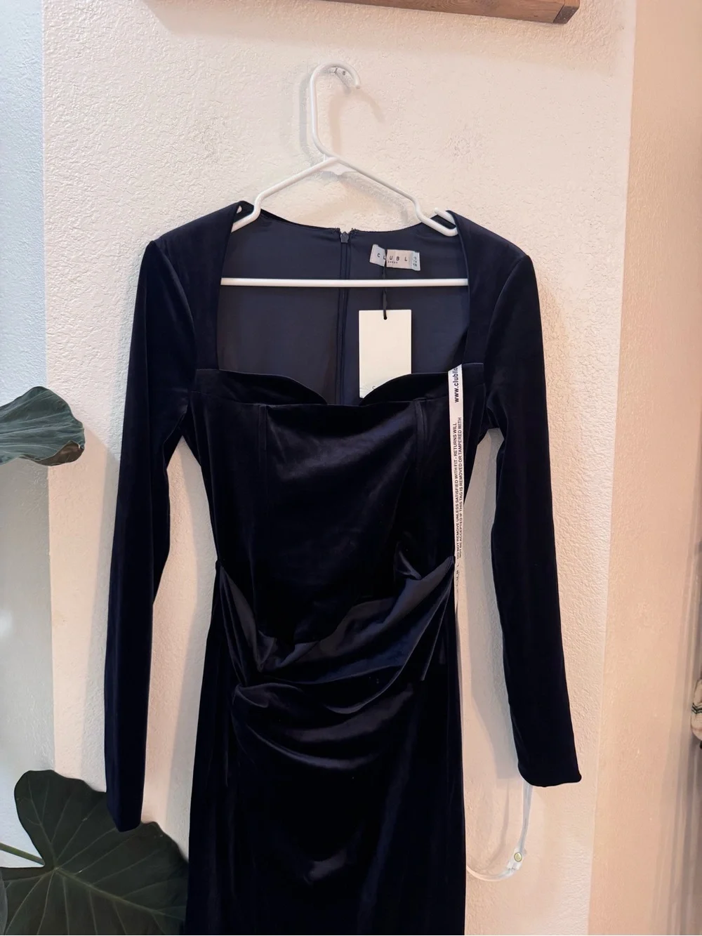 Club L Fay Navy Velvet Corset Style Knot Long-Sleeve Ruched Evening Dress Formal